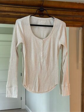 aerie Cream Ribbed Henley Short Sleeve Top